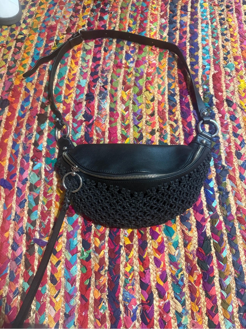REBECCA MINKOFF Black Woven Leather Crossbody Belt Bag
